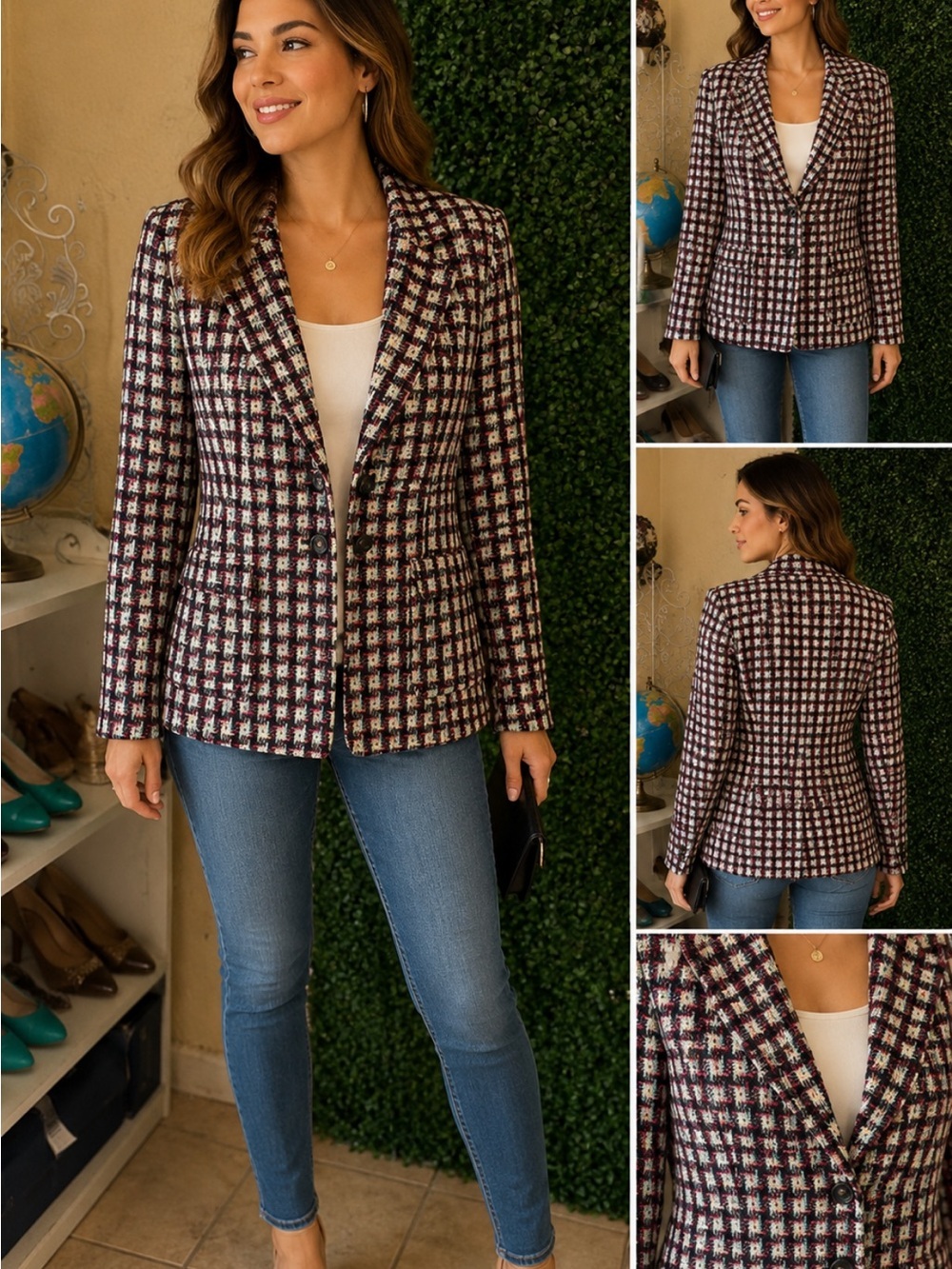 Tailored Women's Tweed Blazer in Burgundy Multi Check